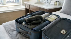 Illustration comparing a lightweight travel blow dryer to a standard coffee cup for easy packing.