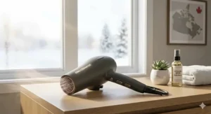 A user styling her hair indoors during a Canadian winter using an anti-static ceramic tourmaline ionic hair dryer to eliminate seasonal frizz.