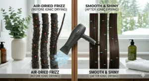 Alt text for image 9: Before and after illustration showing the dramatic smoothing results of using an ionic hair dryer for frizzy hair.