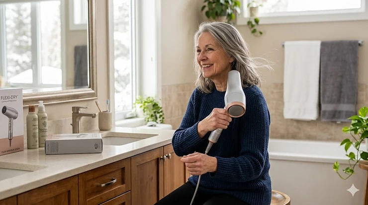 A senior Canadian woman comfortably using a lightweight hair dryer for arthritis in a bright bathroom, focusing on the ergonomic handle.