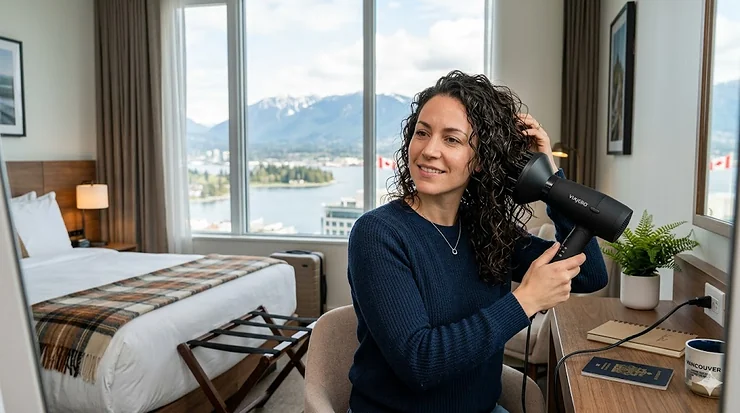A woman styling her natural curls with a compact travel hair dryer with diffuser in a modern Vancouver hotel room, overlooking a rainy Pacific Northwest view.