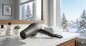 A close-up view of a matte black ceramic tourmaline ionic hair dryer blowing gentle, moisture-locking air, labeled with bilingual English and French text.