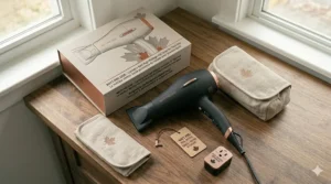 An illustration of a premium high wattage hair dryer for thick hair, featuring bilingual English and French Canadian packaging and a maple leaf quality seal.