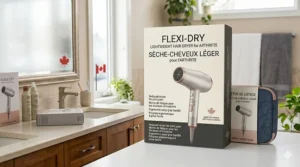 Illustration of a hair dryer box featuring English and French text (sèche-cheveux léger), highlighting Canadian market standards.