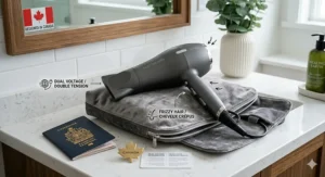 Alt text for image 4: A bilingual English and French travel-ready ionic hair dryer for frizzy hair alongside a Canadian passport.