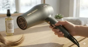 A detailed shot of a premium ceramic tourmaline ionic hair dryer barrel emitting safe, infrared heat protectant air for daily hair care.