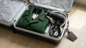 Illustration of a lightweight dual voltage hair dryer packed into a Canadian traveler's carry-on luggage.