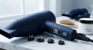 Close-up view of the 120V and 240V dual voltage toggle switch and plug graphics on a matte blue foldable hair dryer, demonstrating international travel readiness for Canadian globetrotters.