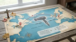 Illustration mapping a flight from Canada to Europe, highlighting the need for a dual voltage hair dryer abroad.