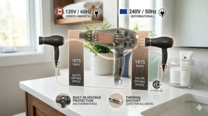 Chart showing the consistent power performance of a dual voltage hair dryer on both Canadian and European electrical grids.