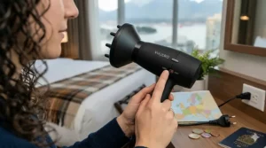 An infographic illustration of a portable travel hair dryer with diffuser, highlighting its dual-voltage switch for Canadians traveling from 110V to European 220V outlets.