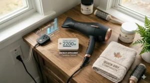 A green-themed illustration highlighting an energy-efficient, high wattage hair dryer designed to dry thick hair faster, reducing overall energy consumption.