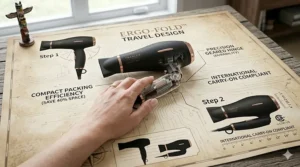 Graphic illustration of a space-saving, foldable dual voltage hair dryer handle designed for Canadian commuters and frequent flyers.