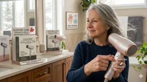 Graphic showing a lightweight hair dryer with gentle heat and airflow settings, optimized for scalp health and easy handling.