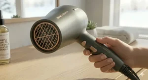A close-up of a user attaching a precision styling nozzle to a ceramic tourmaline ionic hair dryer for a smooth, salon-quality blowout at home.