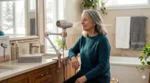 Illustration of a hands-free stand accessory for a lightweight hair dryer, providing a secondary option for those with severe arthritis.
