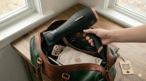 A technical illustration showing ionic air flow from a high wattage hair dryer protecting thick hair cuticles from heat damage while drying rapidly.