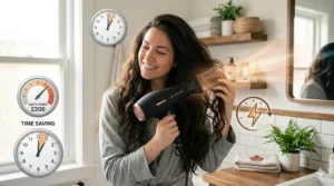 An illustration comparing drying times, demonstrating how a high wattage hair dryer efficiently penetrates and dries thick hair types.