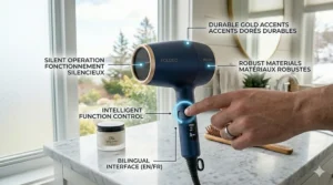 A side-by-side visual graphic demonstrating the smooth folding action of a compact travel foldable hair dryer shifting seamlessly from an extended handle to a securely locked position.