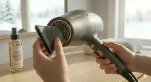 An image showing a styling concentrator attachment being securely fitted onto a professional ceramic tourmaline ionic hair dryer.