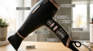 Alt text for image 2: Infographic showing how an ionic professional hair dryer under $200 CAD eliminates static and frizz during dry Canadian winters.