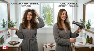 Alt text for image 3: Illustration of a Canadian woman combating winter tuque static using an advanced ionic hair dryer for frizzy hair.