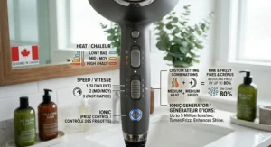 Alt text for image 6: An infographic displaying the custom heat and speed settings on an ionic hair dryer designed to tame frizzy hair.