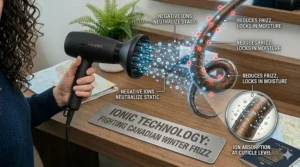 A technical illustration showing negative ions emitting from a travel hair dryer with diffuser to lock in moisture and prevent static flyaways in dry Canadian winter climates.