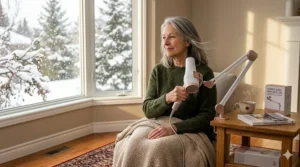 A person in a cozy Canadian home using a lightweight hair dryer to quickly dry hair before heading out into the cold winter weather.