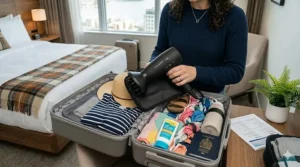 A flat-lay illustration of a carry-on suitcase being packed for a tropical vacation, featuring swimwear, passport, and a space-saving travel hair dryer with diffuser.