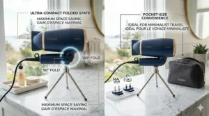 A clean multi-angle product showcase of the foldable hair dryer, highlighting its ergonomic handle, gold rim details, and lightweight portable design engineered for Canadian consumers.