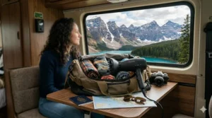 A whimsical illustration of a duffel bag inside a camper van parked near Banff, Alberta, with a portable travel hair dryer with diffuser peeking out.