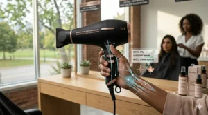 Alt text for image 6: Bilingual illustration explaining the diffuser and concentrator attachments of a professional hair dryer under $200 CAD.