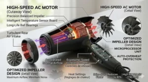 Graphic illustration showing how the professional hair dryer with diffuser attachment evenly distributes heat to define curls and waves.