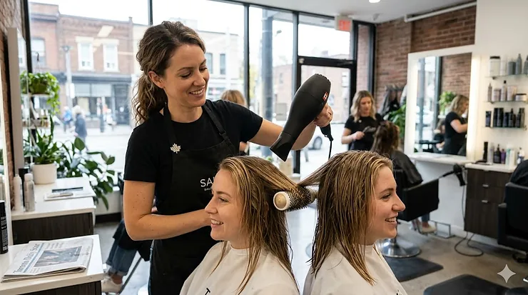 A photorealistic, highly detailed 4K image of a smiling stylist using the quietest professional hair dryer in a modern, naturally lit Canadian salon.