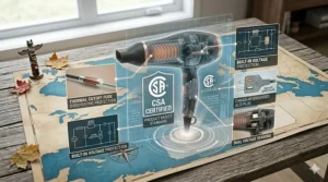 Safety certification illustration for a dual voltage hair dryer featuring built-in surge protection for Canadian consumers.