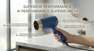A Canadian woman using a powerful matte blue foldable hair dryer to dry her damp brunette hair in front of a bathroom mirror, with a snow-covered forest visible outside.