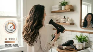 An illustration of winter hair care in Canada, showing a woman cozy indoors after quickly drying her thick hair with a high wattage hair dryer to prevent freezing temperatures damage.