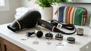 Diagram showing a Canadian dual voltage hair dryer plugging into European and worldwide travel adapters.