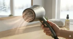 A compact, travel-ready ceramic tourmaline ionic hair dryer with a dual-voltage Canadian plug neatly packed inside a travel case with a snowy mountain backdrop.
