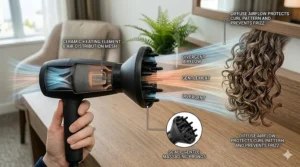 A diagram illustrating gentle, dispersed airflow moving through the prongs of a travel hair dryer with diffuser attachment to protect delicate curls from direct heat.