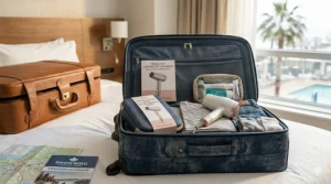Illustration of a compact, lightweight hair dryer for arthritis packed in a suitcase, perfect for Canadian travelers and snowbirds.