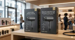 A sleek mini hair dryer for travel displayed with bilingual English and French packaging tailored for Canadian consumers.