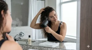 An illustration of a woman using a compact mini hair dryer for travel in front of a bathroom mirror, featuring natural lighting and clear, high detail.