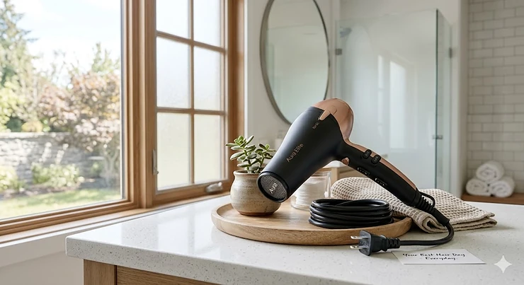 A sleek, affordable ionic hair dryer on a modern bathroom vanity in a Canadian home, offering fast drying and frizz-free styling.