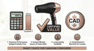 An illustration representing the best value and top reviews for an affordable ionic hair dryer in the Canadian market.