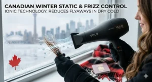 Alt text for image 4: Illustration showing ionic technology in a lightweight professional blow dryer neutralizing static electricity caused by dry Canadian winter weather.