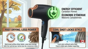 Step-by-step illustration of a salon-quality at-home blowout using a round brush and a hair dryer with cool shot button.
