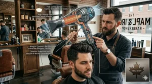 A step-by-step illustration showing how to adjust temperature controls on a commercial barber hair dryer for different hair types.