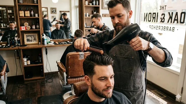 A professional barber in a modern Toronto barbershop styling a client's hair using a high-performance barber hair dryer.
